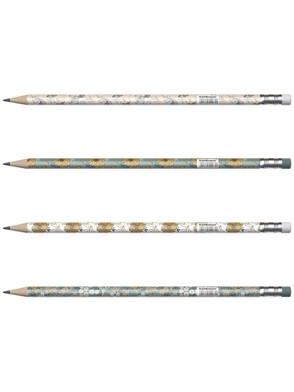 Карандаш чернографитный с ластиком ErichKrause Natural Life (простой), HB, грифель d 2.2 мм, трeхгранный, с принтом, из люкс древесины, микс