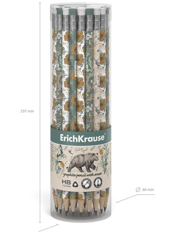 Карандаш чернографитный с ластиком ErichKrause Natural Life (простой), HB, грифель d 2.2 мм, трeхгранный, с принтом, из люкс древесины, микс