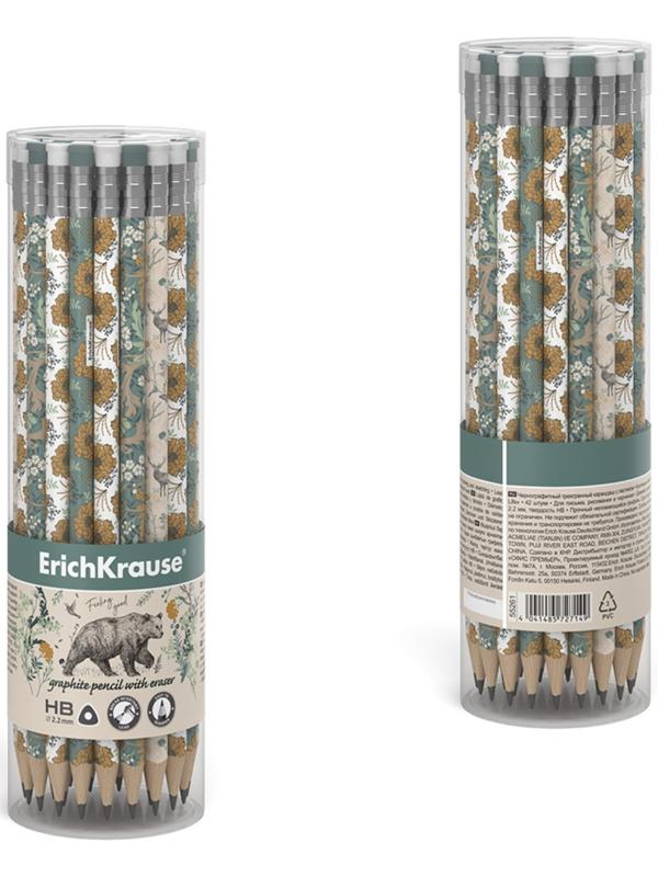 Карандаш чернографитный с ластиком ErichKrause Natural Life (простой), HB, грифель d 2.2 мм, трeхгранный, с принтом, из люкс древесины, микс