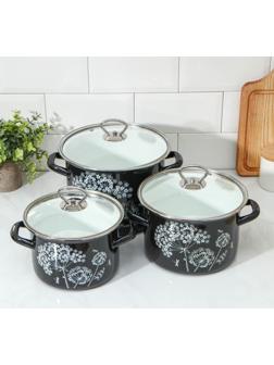 Набор кастрюль «Ажур», 3 предмета: 2.4 л, 3.4 л, 5 л, цвет черный