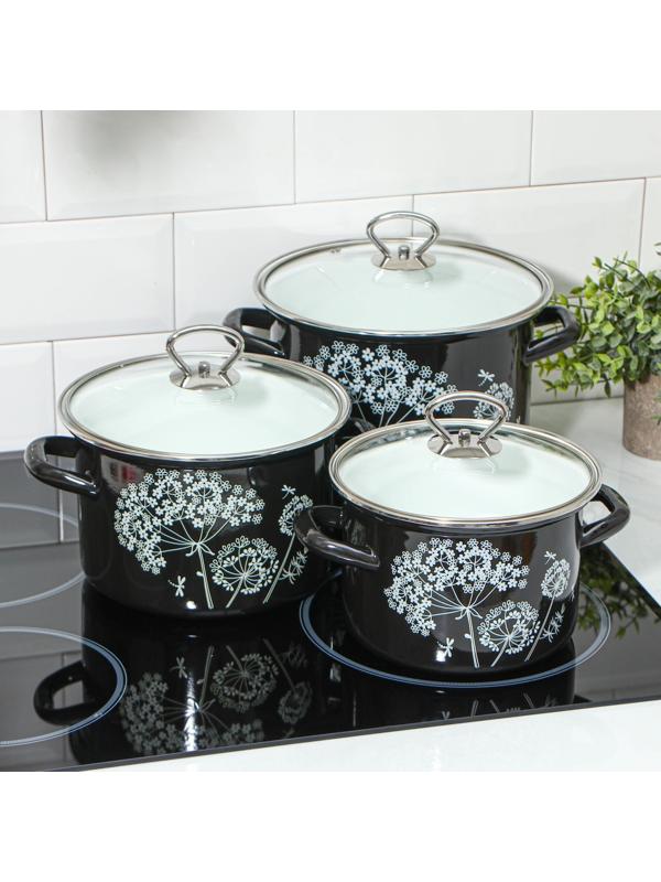 Набор кастрюль «Ажур», 3 предмета: 2.4 л, 3.4 л, 5 л, цвет черный