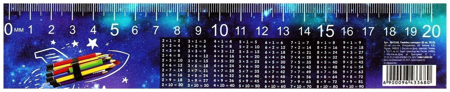 Линейка-закладка пластиковая 20 см ЗЛ-20 Таблица Умножения 