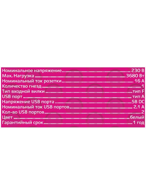 Адаптер 1 гнездо + 2 USB порта на европейскую вилку с/з 16A 230В 3680Вт IP20 белый  27418 6,