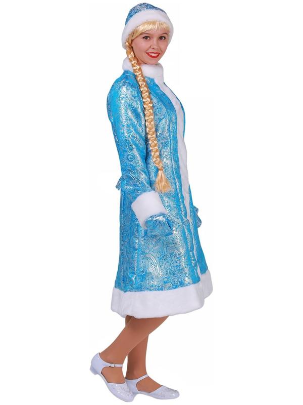Карнавальный костюм «Снегурочка», шуба из парчи, шапочка, рукавички, цвет голубой, р. 46