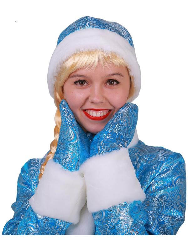 Карнавальный костюм «Снегурочка», шуба из парчи, шапочка, рукавички, цвет голубой, р. 46