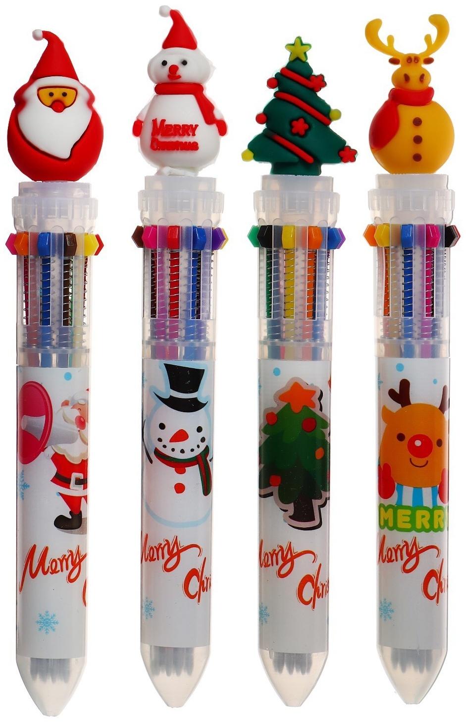 Ручка шариковая автоматическая, 10-ти цветная, Новый год МИКС