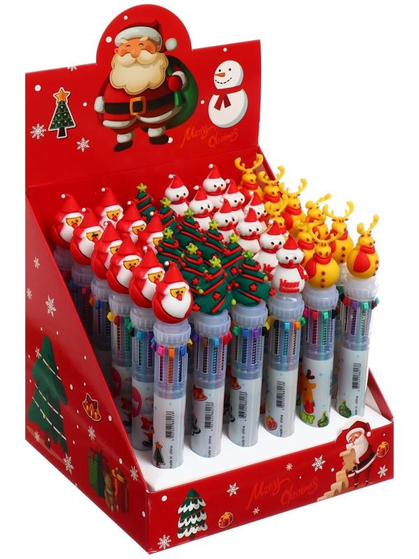 Ручка шариковая автоматическая, 10-ти цветная, Новый год МИКС