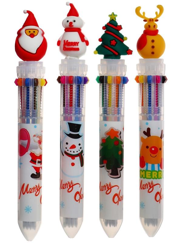 Ручка шариковая автоматическая, 10-ти цветная, Новый год МИКС