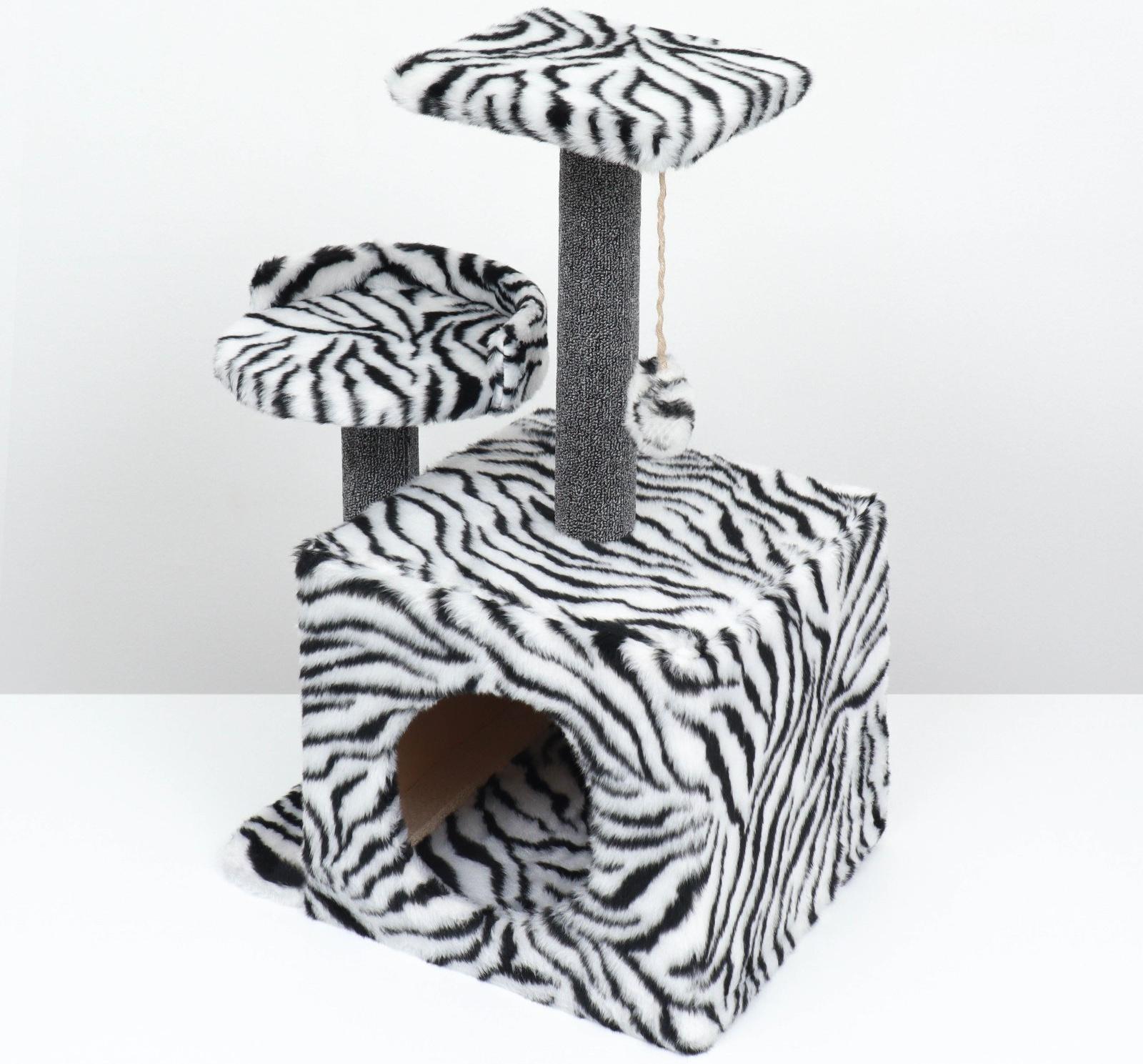 Домик для кошек с когтеточкой, квадратный, 3х-этажный, 35 х 45 х 75см, ковролин, зебра