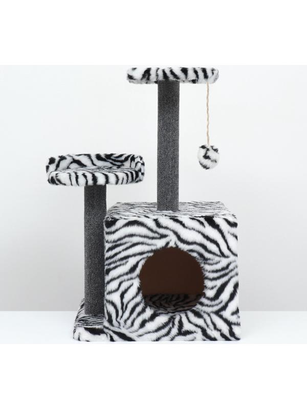 Домик для кошек с когтеточкой, квадратный, 3х-этажный, 35 х 45 х 75см, ковролин, зебра