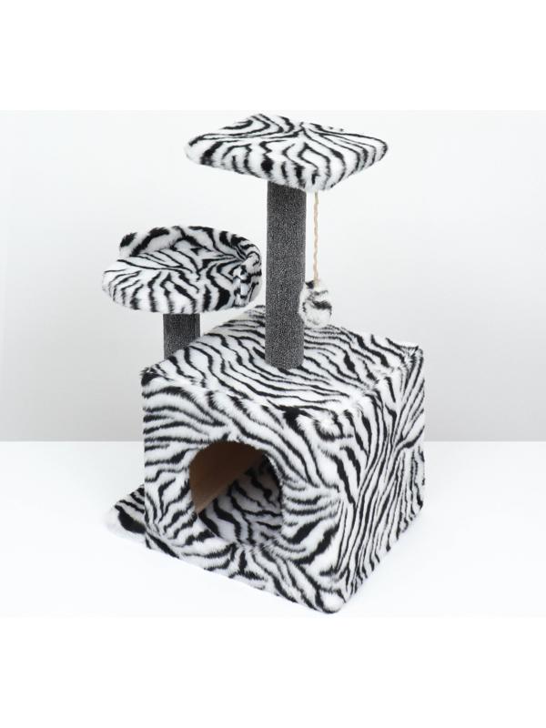 Домик для кошек с когтеточкой, квадратный, 3х-этажный, 35 х 45 х 75см, ковролин, зебра