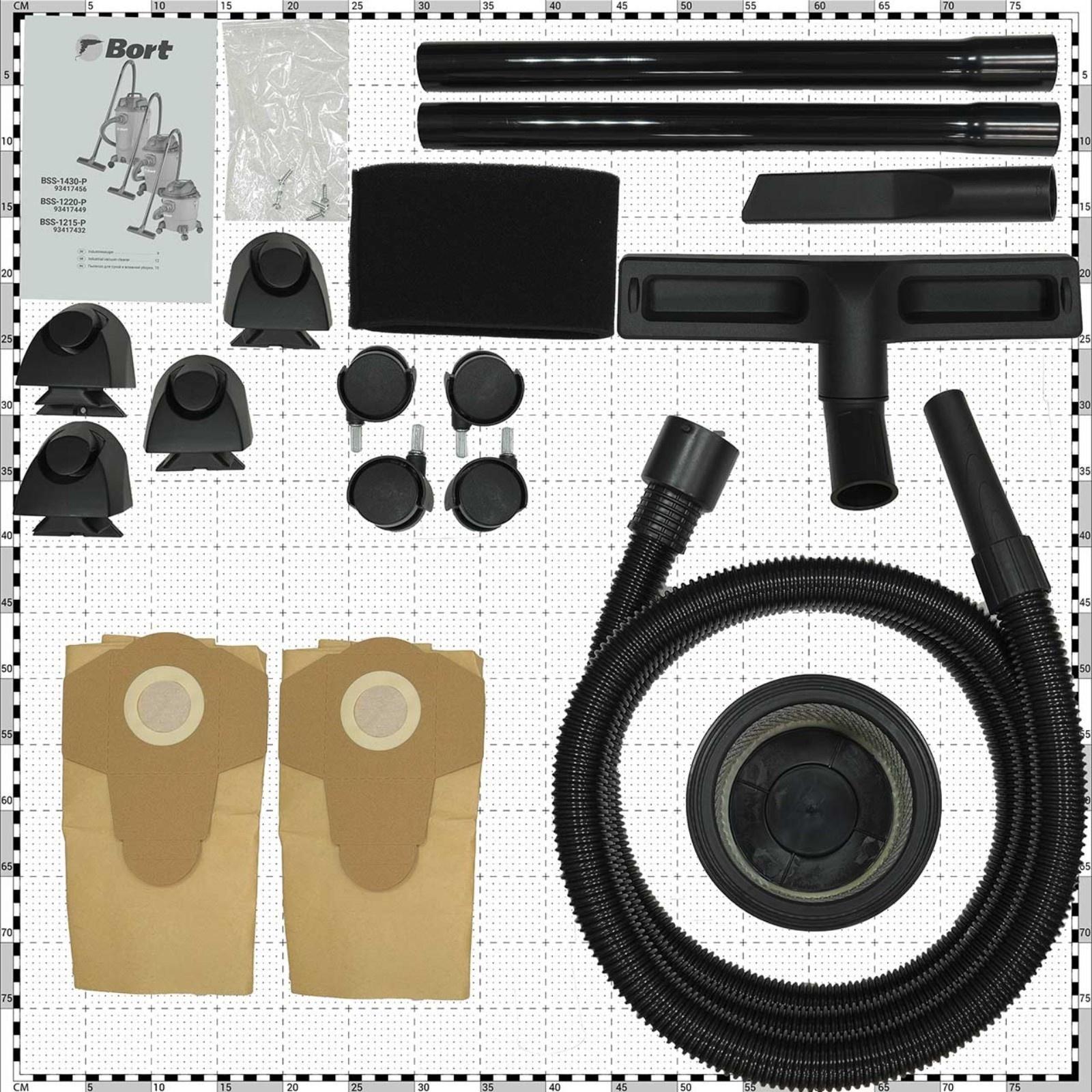 Пылесос строительный BORT BSS-1215-P, пылесборник 15 л, 35 л/сек, сухая и влажная уборка