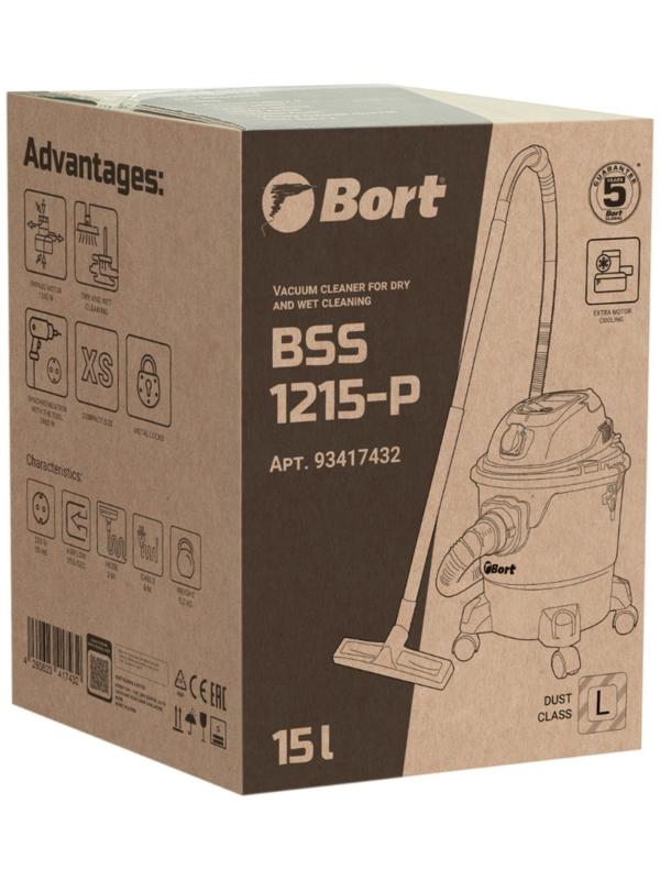 Пылесос строительный BORT BSS-1215-P, пылесборник 15 л, 35 л/сек, сухая и влажная уборка