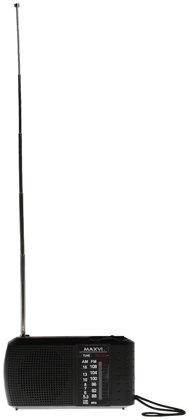 Радиоприемник Maxvi PR-03, 220 В, 2хАА, AUX, чёрный