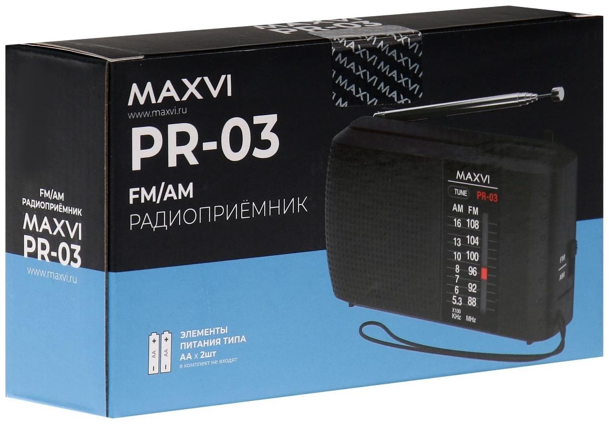 Радиоприемник Maxvi PR-03, 220 В, 2хАА, AUX, чёрный