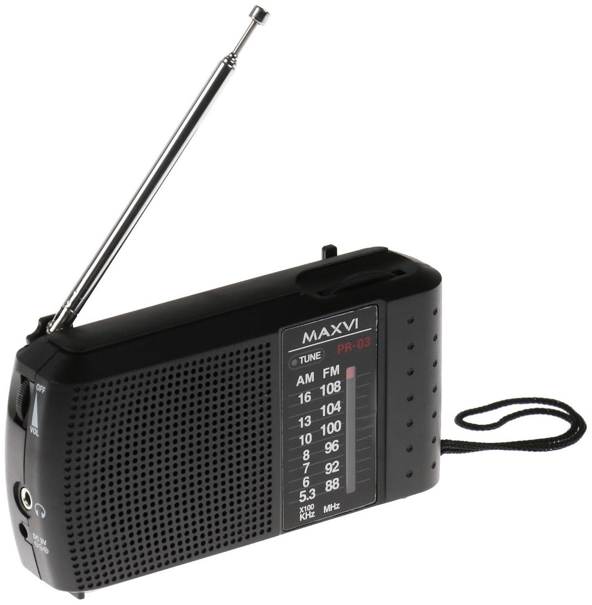 Радиоприемник Maxvi PR-03, 220 В, 2хАА, AUX, чёрный