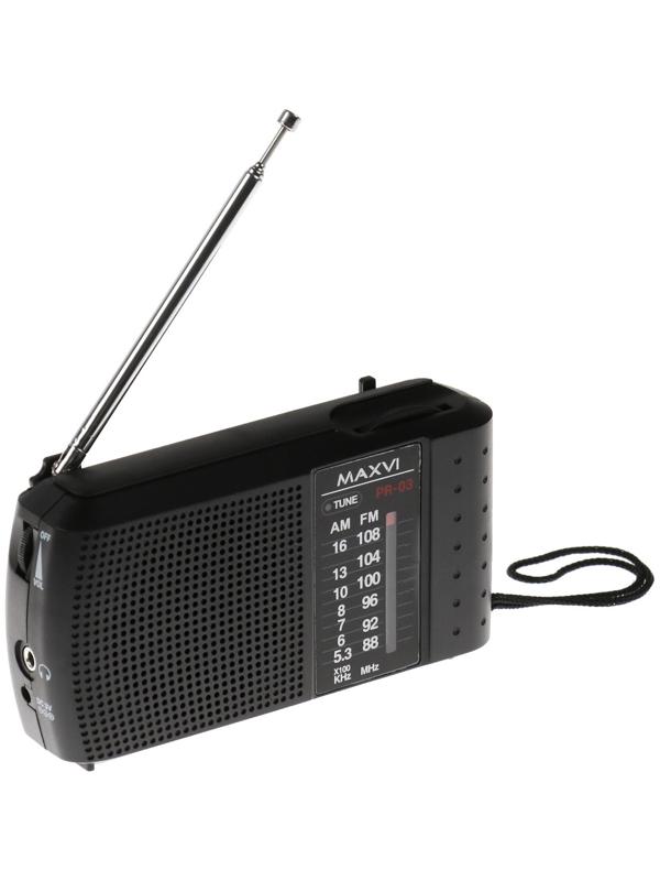Радиоприемник Maxvi PR-03, 220 В, 2хАА, AUX, чёрный