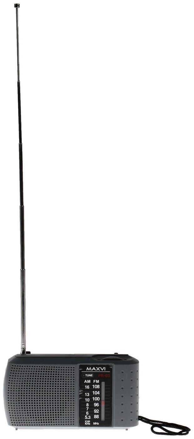 Радиоприемник Maxvi PR-03, 220 В, 2хАА, AUX, серый