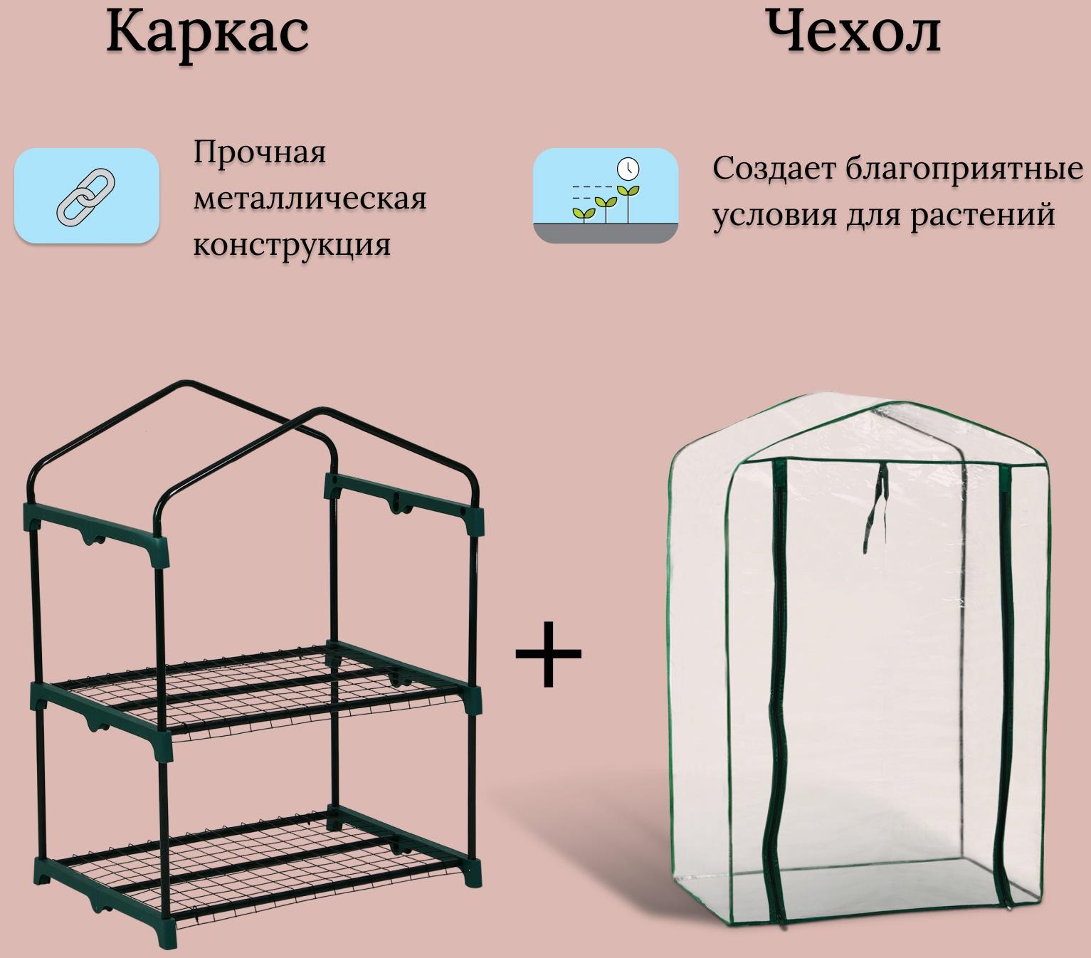 Парник-стеллаж, 2 полки, 93 × 69 × 49 см, металлический каркас d = 16 мм, чехол плёнка 80 мкм