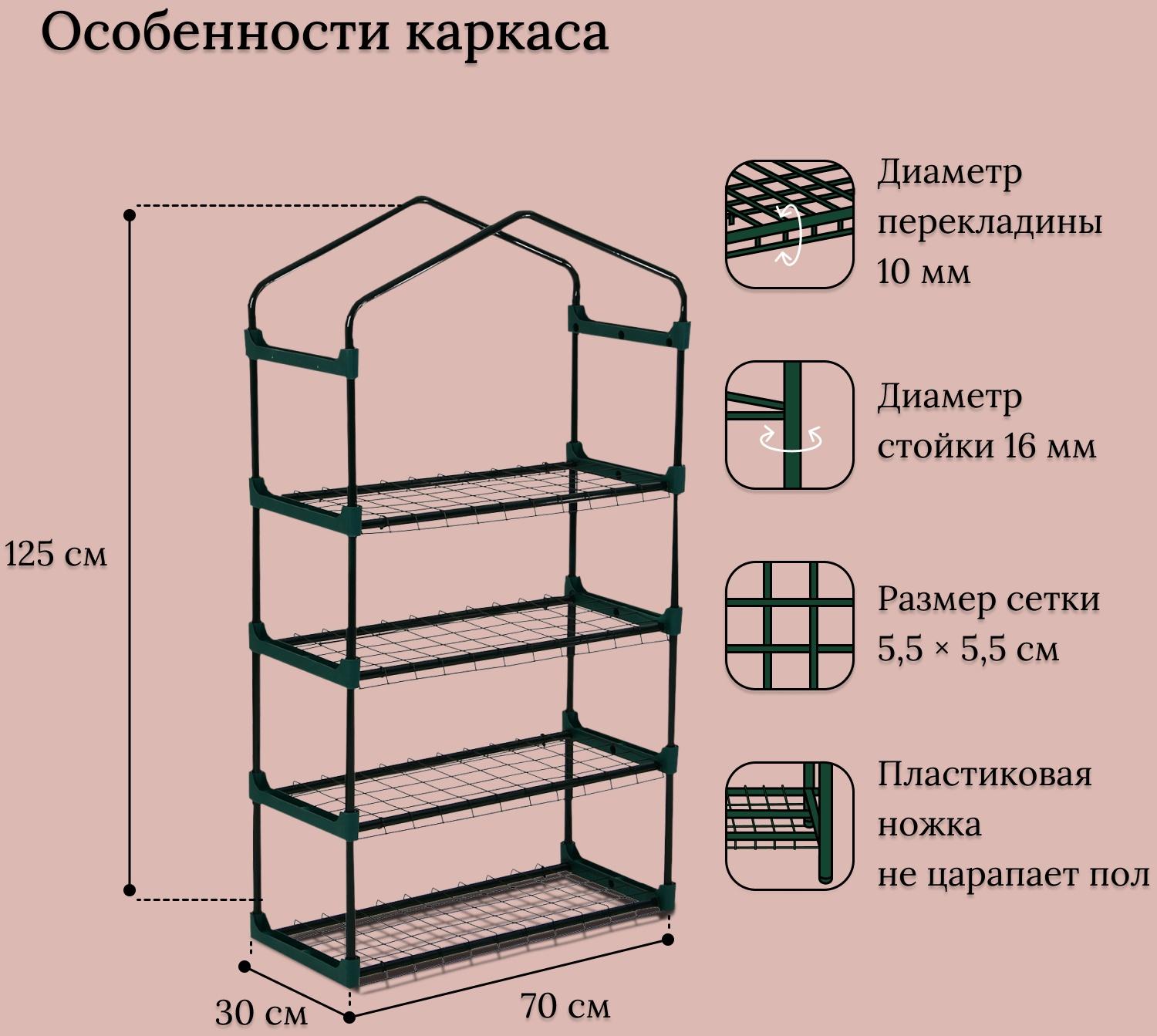Парник-стеллаж, 4 полки, 125 × 70 × 30 см, металлический каркас d = 16 мм, чехол плёнка 80 мкм