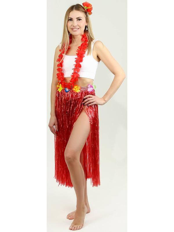 Гавайский набор «Тропики»: юбка, зажим, венок, цвет красный