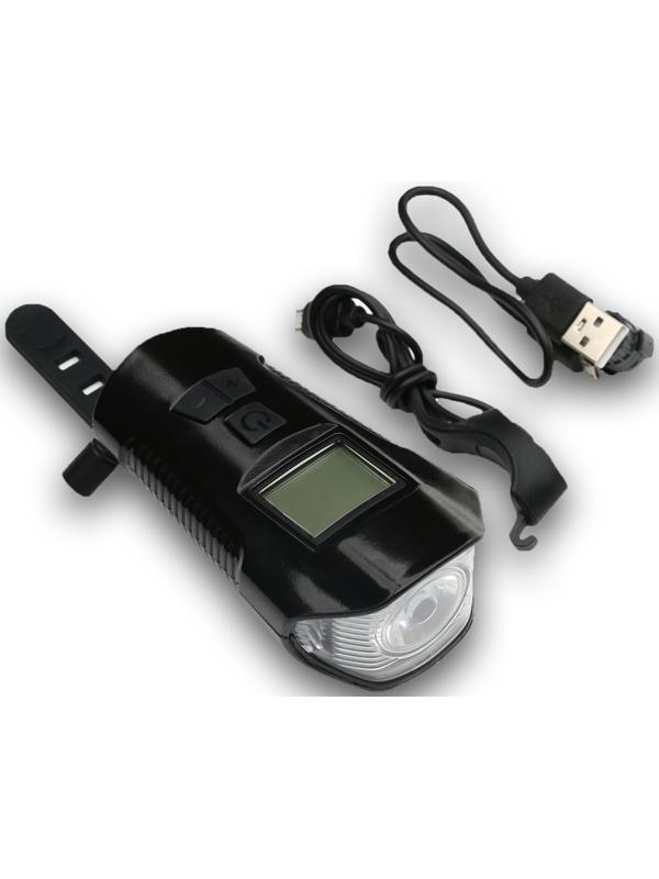 Фонарь велосипедный аккумуляторный,300 лм,1500 мАч,5Вт,LED,4 режима,сигнал,спидометр,черный