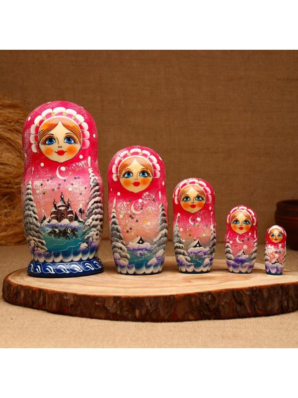 Матрёшка «Зима»,розовая, 5 кукольная, люкс