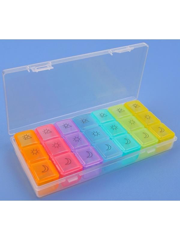 Таблетница - органайзер «Неделька», съёмные ячейки, утро/день/вечер, 17,4 × 8,2 × 2,5 см, 7 контейнеров по 3 секции, разноцветная