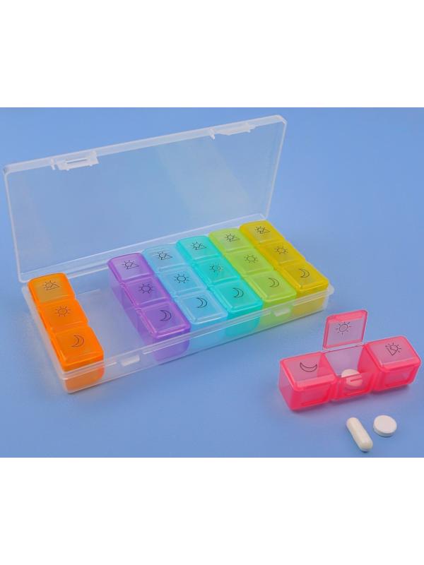 Таблетница - органайзер «Неделька», съёмные ячейки, утро/день/вечер, 17,4 × 8,2 × 2,5 см, 7 контейнеров по 3 секции, разноцветная