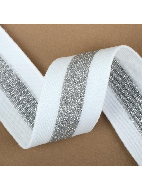 Тесьма трикотажная лампас 40 мм, 9,1 ± 0,5 м, цвет белый/серебряный