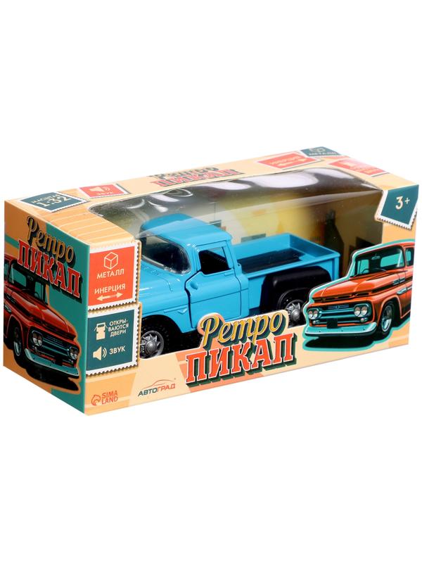 Машина металлическая «Пикап», инерция, 1:32, открываются двери, световые и звуковые эффекты, цвет синий
