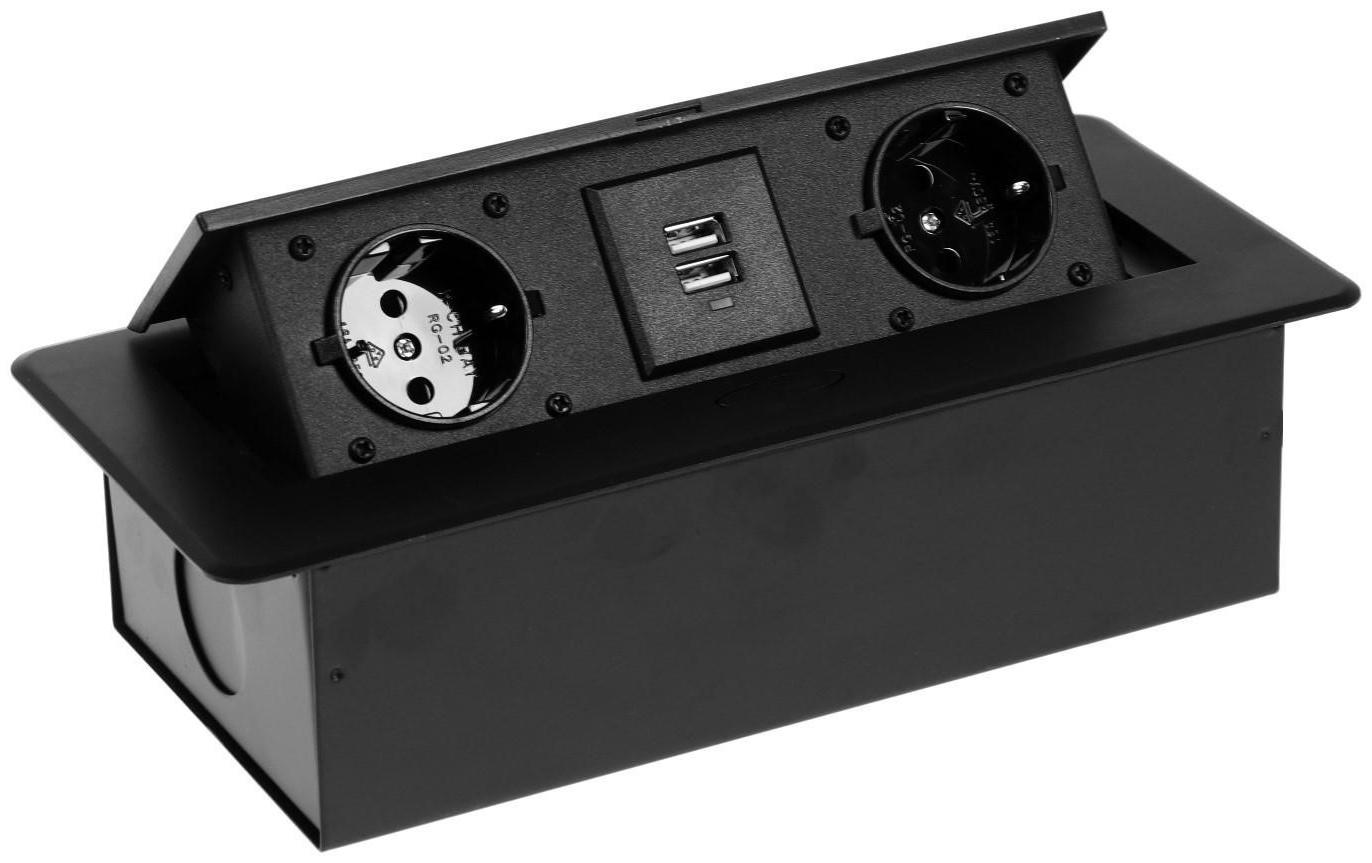 Розетка выдвижная, Luazon, 16 А, двухместная, 2xUSB, 2.1 A, провод 1.8 м, черная