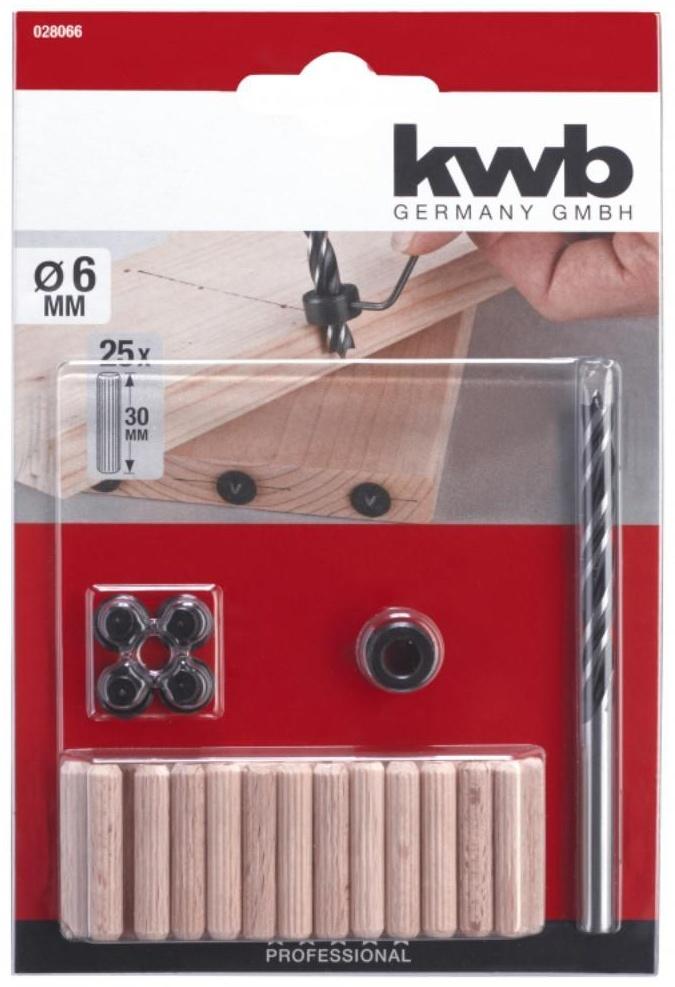 Набор шкантов KWB, 6х30 мм, сверло по дереву, маркеры, ограничитель, 25 шт.