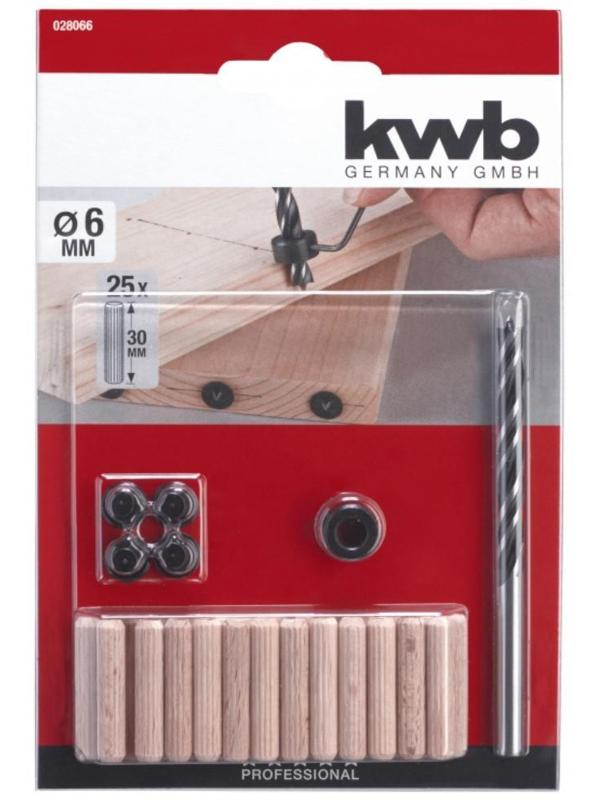 Набор шкантов KWB, 6х30 мм, сверло по дереву, маркеры, ограничитель, 25 шт.