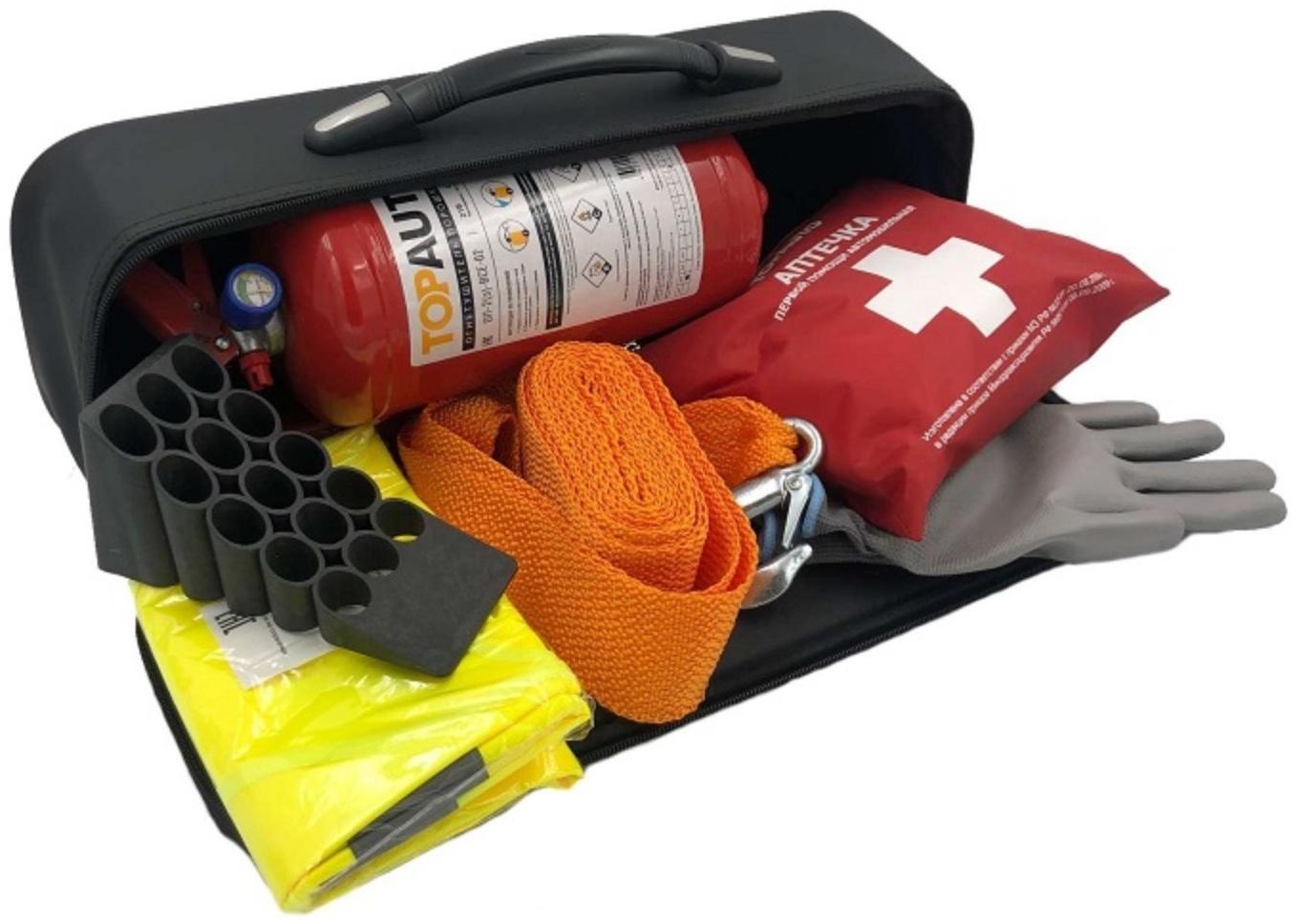 Набор автомобилиста EMERGENCY KIT 5 сумка, Аптечка,ОП-2, Знак Жилет, Трос 3,5т, перчатки