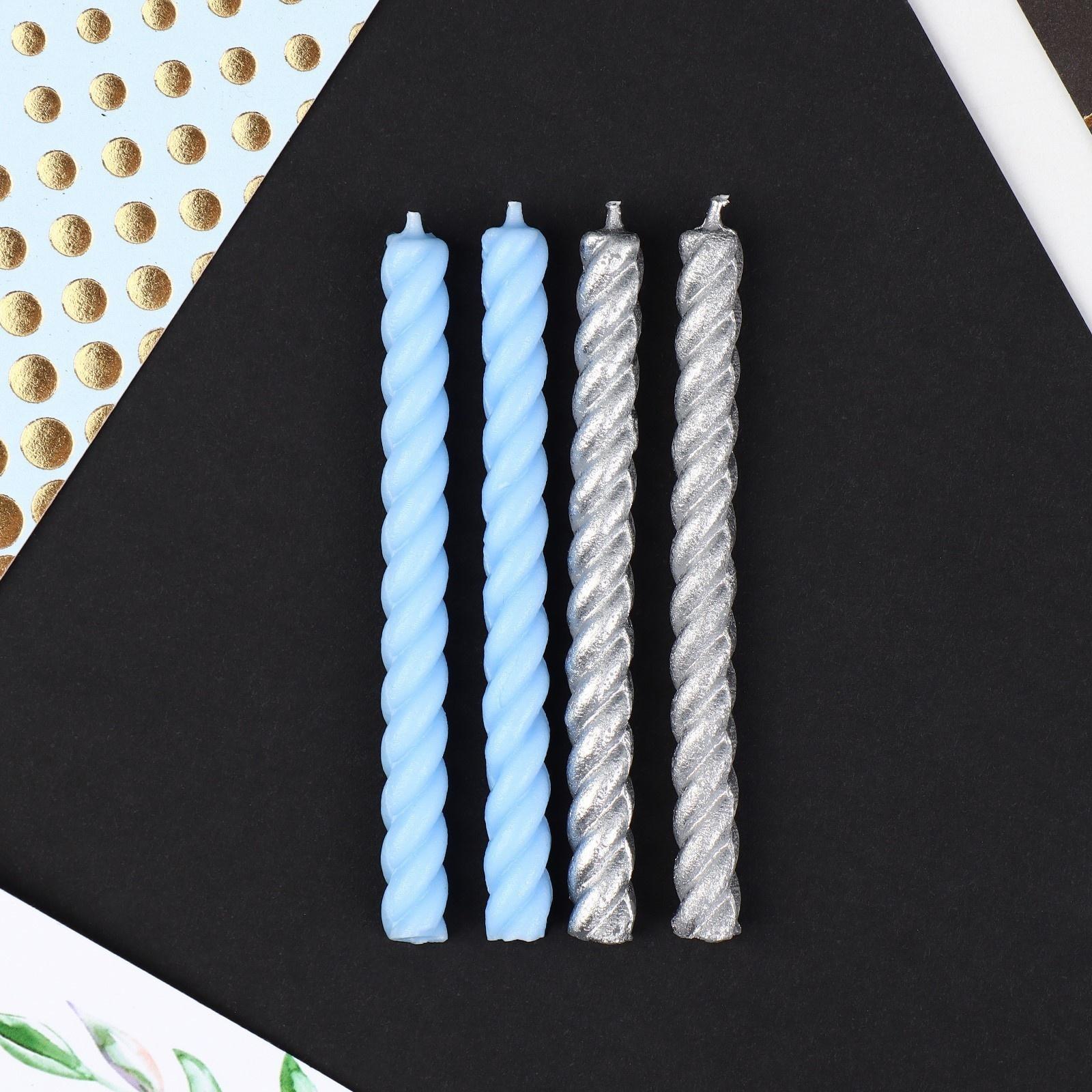 Набор свечей в торт, голубые и серебряные, 16 шт.