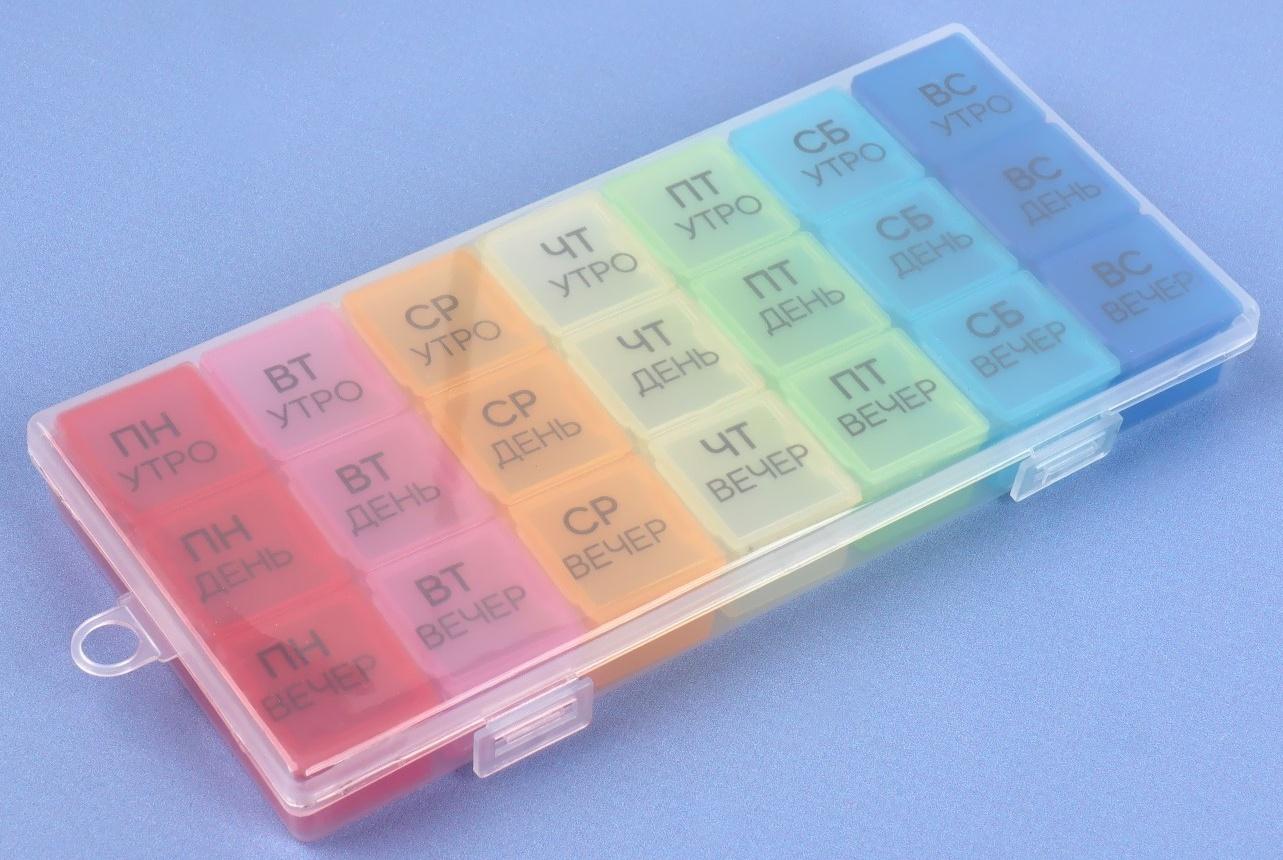 Таблетница - органайзер «Неделька», съёмные ячейки, утро/день/вечер, 19,2 × 8,5 × 2,1 см, 7 контейнеров по 3 секции, разноцветная