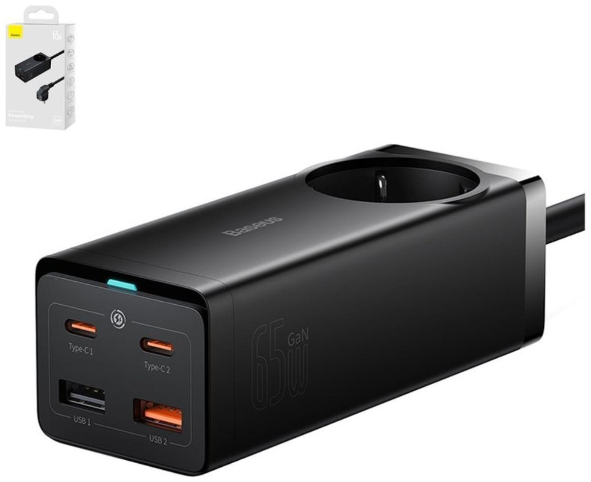 Зарядная станция Baseus PowerCombo, GAC+2U+2C 65W + Type-C-Type-C, PD, 100W, 1 м, чёрная
