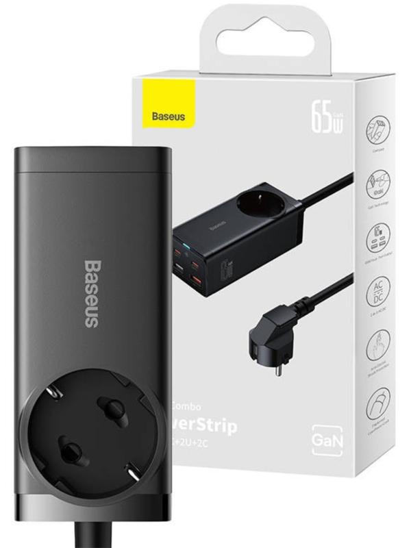Зарядная станция Baseus PowerCombo, GAC+2U+2C 65W + Type-C-Type-C, PD, 100W, 1 м, чёрная