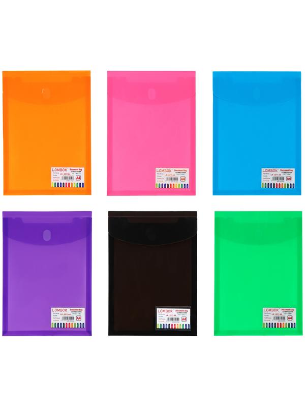 Папка-конверт на кнопке А4, 500 мкр, с расширением, вертикальная, карман для визиток, МИКС