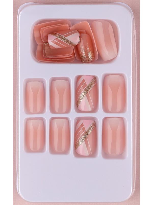 Накладные ногти «Геометрия», 24 шт, клеевые пластины, форма квадрат, цвет розовый/золостистый