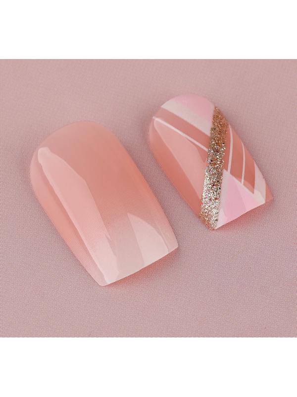Накладные ногти «Геометрия», 24 шт, клеевые пластины, форма квадрат, цвет розовый/золостистый