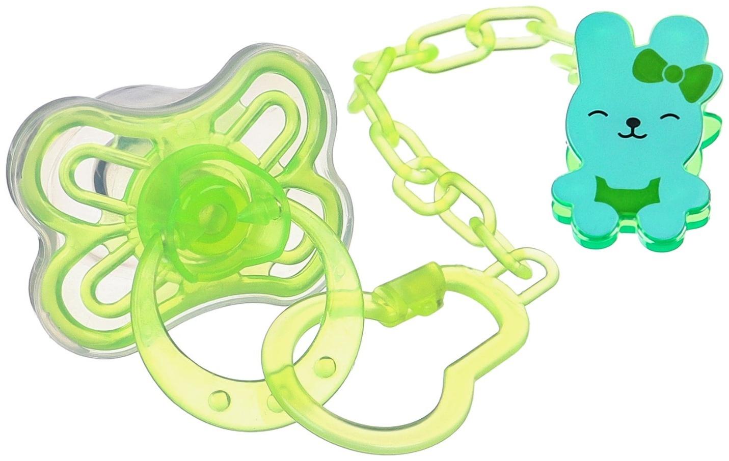 Набор Соска - пустышка с держателем, SL, КЛ +6 мес., с колпачком «Бабочка», зеленый