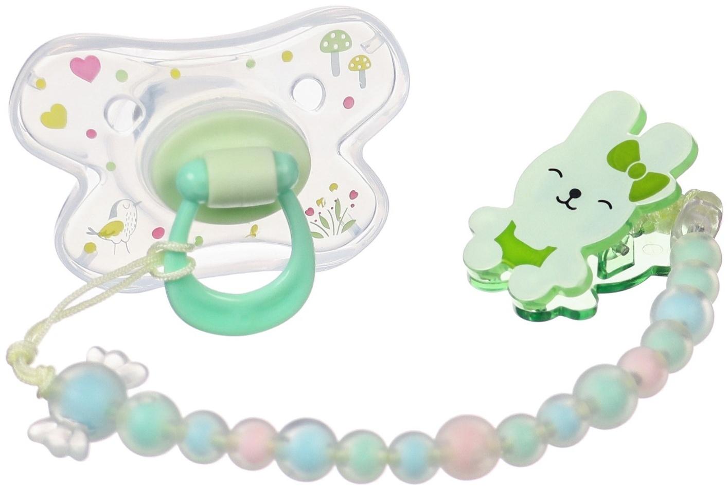 Набор Соска - пустышка с держателем, SL, ОРТД +12 мес., с колпачком «Зайка», зеленый