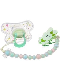 Набор Соска - пустышка с держателем, SL, ОРТД +12 мес., с колпачком «Зайка», зеленый