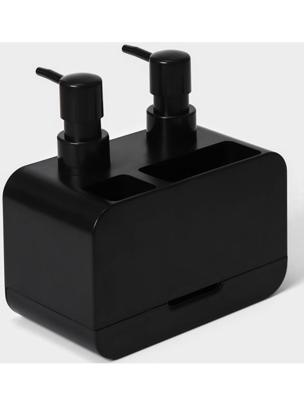 Двойной дозатор для мыла и моющего средства Raccoon, с губкой в комплекте, по 300 мл, цвет чёрный