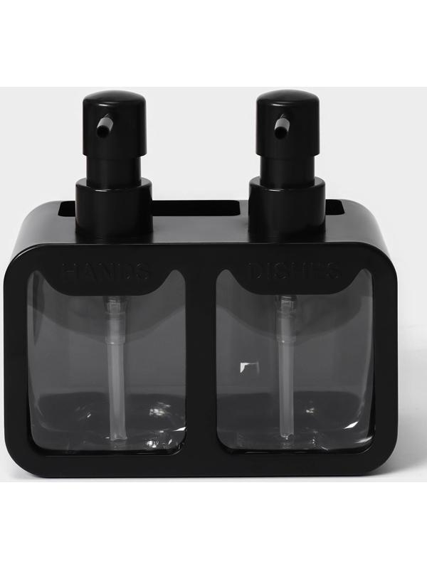 Двойной дозатор для мыла и моющего средства Raccoon, с губкой в комплекте, по 300 мл, цвет чёрный