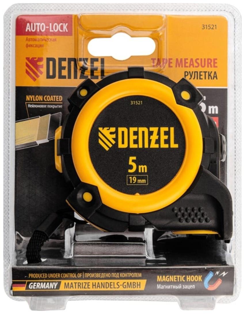 Рулетка Denzel 31521, нейлоновое покрытие, магнитный зацеп, автомат, 5 м х 19 мм