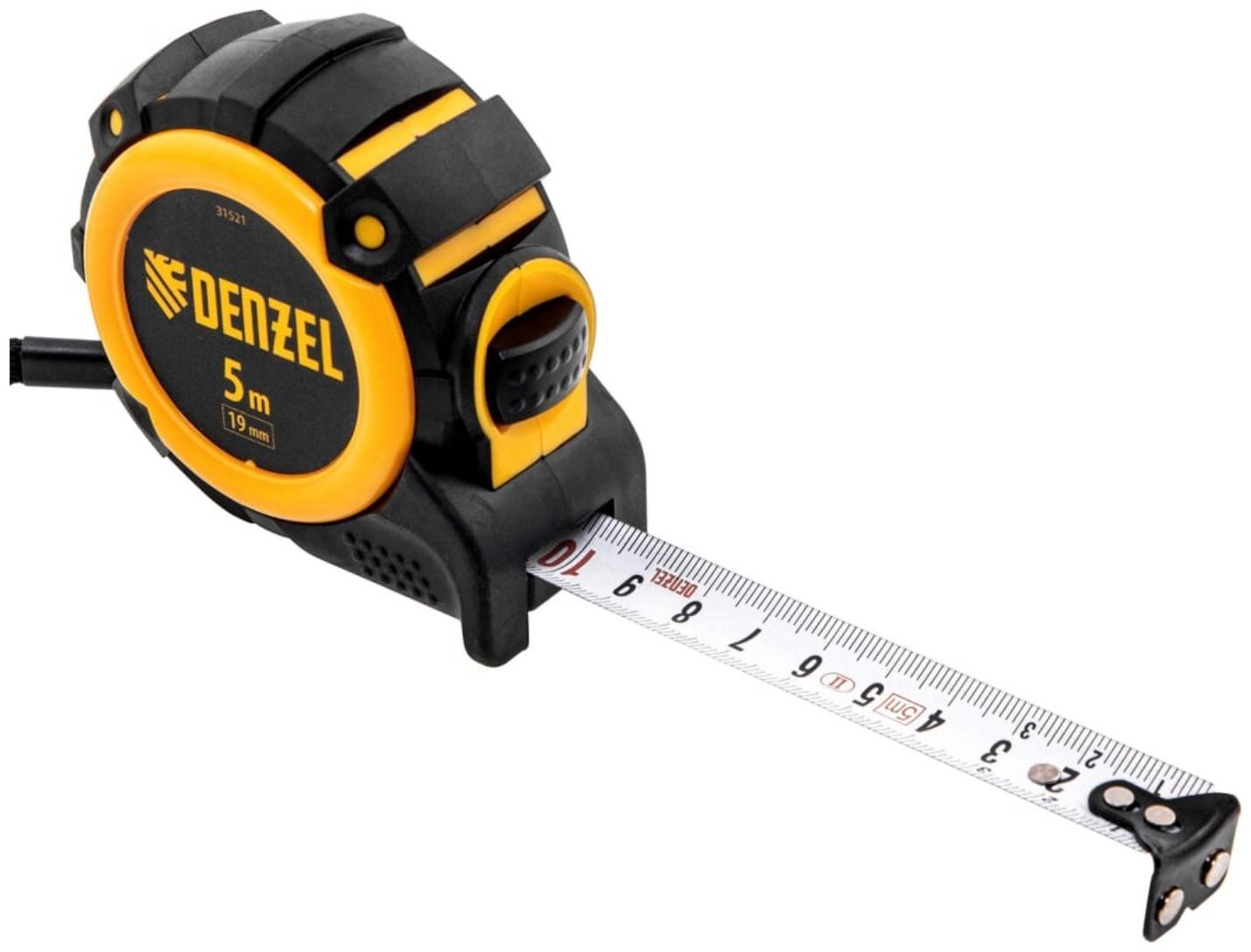 Рулетка Denzel 31521, нейлоновое покрытие, магнитный зацеп, автомат, 5 м х 19 мм