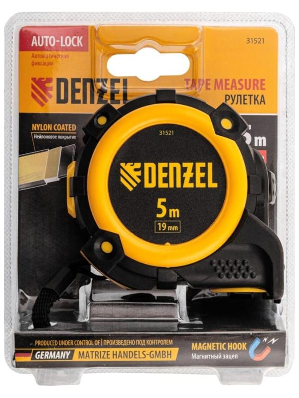 Рулетка Denzel 31521, нейлоновое покрытие, магнитный зацеп, автомат, 5 м х 19 мм